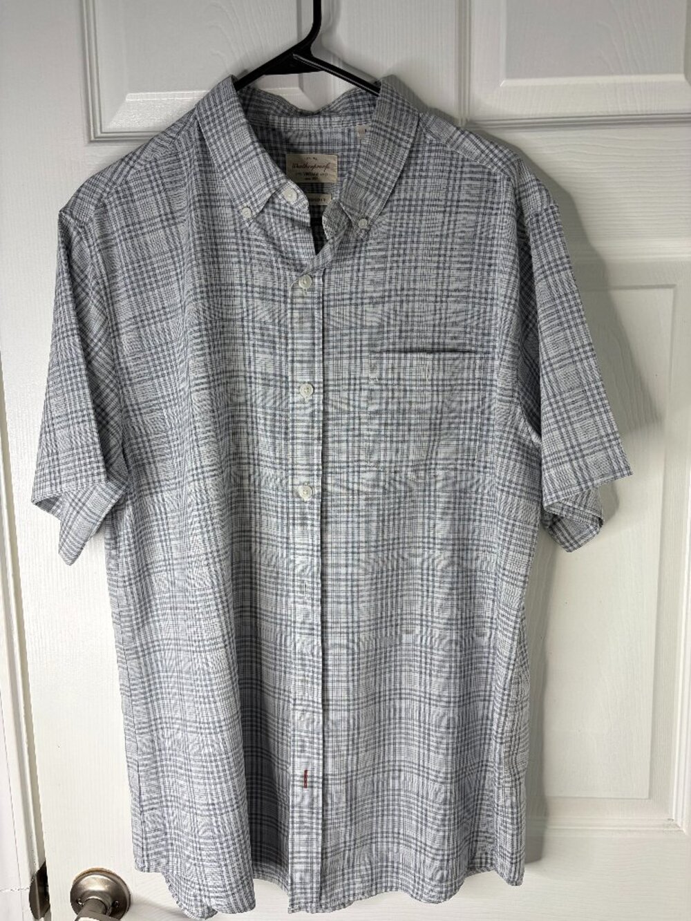 Vintage Weatherproof Men’s Blue Gray Plaid Short Sleeve Button Up Shirt Size L